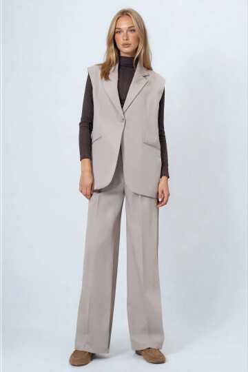 Tek Düğmeli Çift Cepli Astarlı Yelek Pantolon Takım