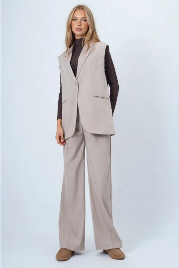 Tek Düğmeli Çift Cepli Astarlı Yelek Pantolon Takım