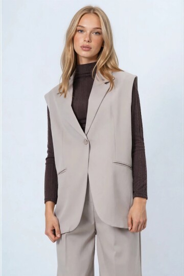 Tek Düğmeli Çift Cepli Astarlı Yelek Pantolon Takım