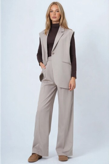 Tek Düğmeli Çift Cepli Astarlı Yelek Pantolon Takım