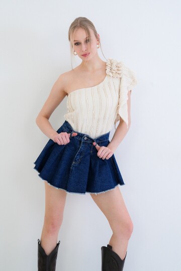 Tek Omuz Detaylı Fırfır Kumaş Bluz Bluz