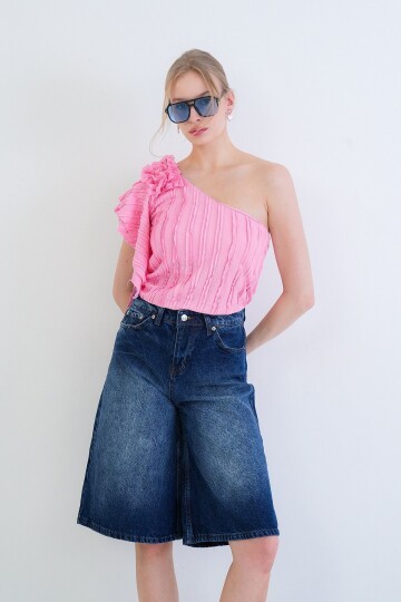 Tek Omuz Detaylı Fırfır Kumaş Bluz Bluz