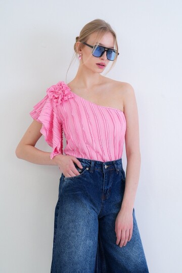 Tek Omuz Detaylı Fırfır Kumaş Bluz Bluz