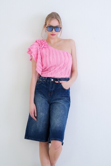 Tek Omuz Detaylı Fırfır Kumaş Bluz Bluz