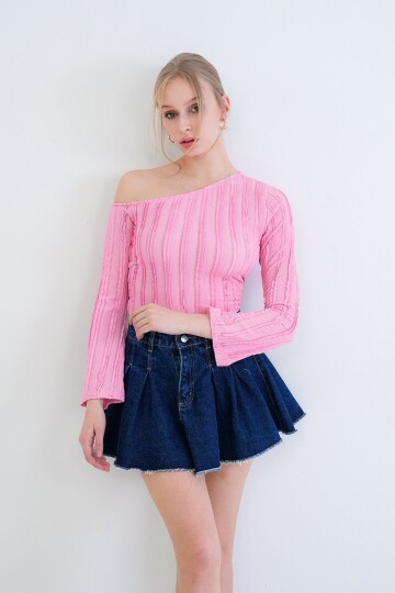 Tek Omuz İspanyol Kol Fırfır Kumaş Bluz