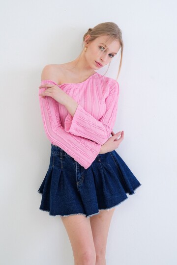 Tek Omuz İspanyol Kol Fırfır Kumaş Bluz