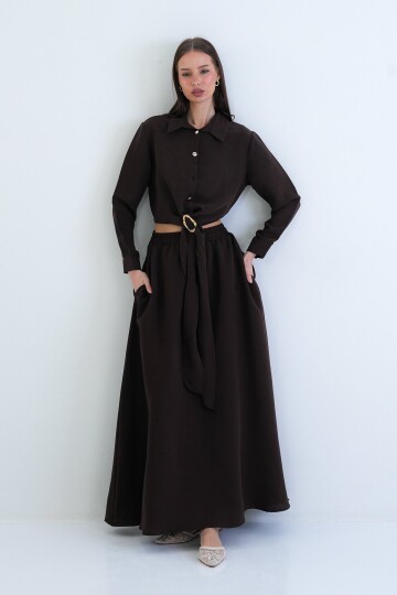 Toka Detaylı Gömlek Ve Beli Lastikli Etek Takım