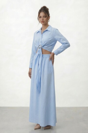 Tokalı Uzun Kollu Gömlek Ve Maxi Etek Takım