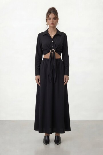 Tokalı Uzun Kollu Gömlek Ve Maxi Etek Takım