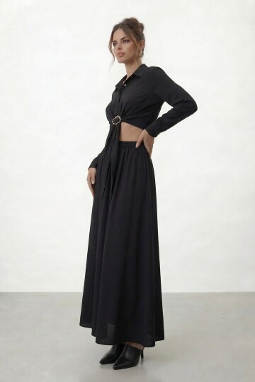 Tokalı Uzun Kollu Gömlek Ve Maxi Etek Takım