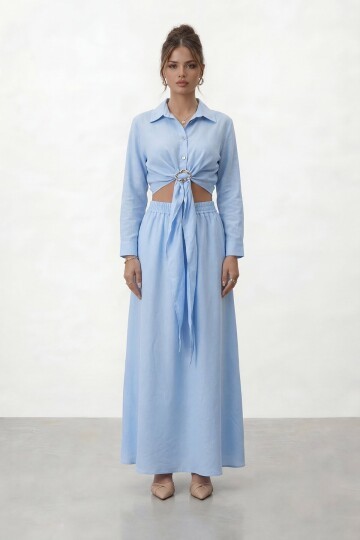 Tokalı Uzun Kollu Gömlek Ve Maxi Etek Takım