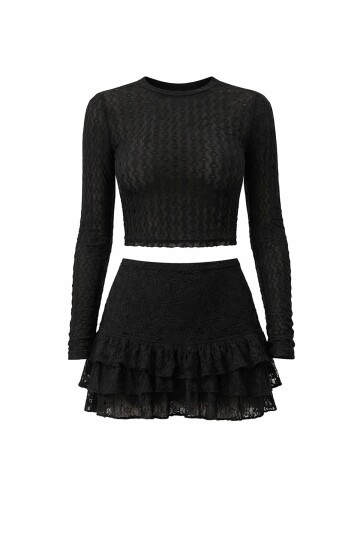 Transparan Dokulu Bluz Ve Katlı Mini Etek Takım