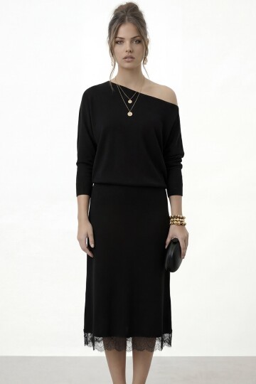 Uzun Kol Dantel Detaylı Mini Elbise