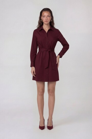 Uzun Kollu Gömlek Yaka Belden Bağlamalı Mini Elbise