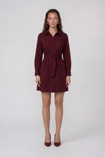 Uzun Kollu Gömlek Yaka Belden Bağlamalı Mini Elbise
