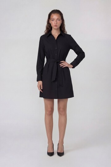 Uzun Kollu Gömlek Yaka Belden Bağlamalı Mini Elbise