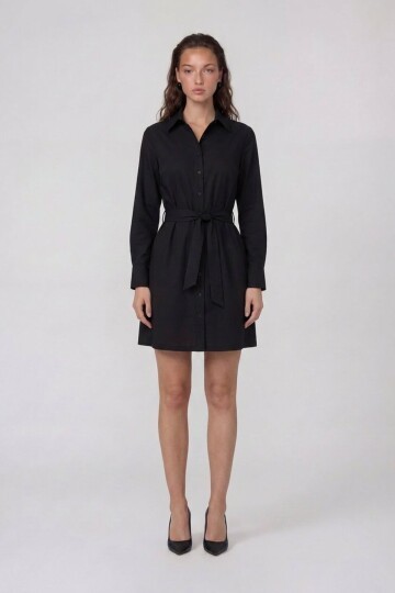 Uzun Kollu Gömlek Yaka Belden Bağlamalı Mini Elbise