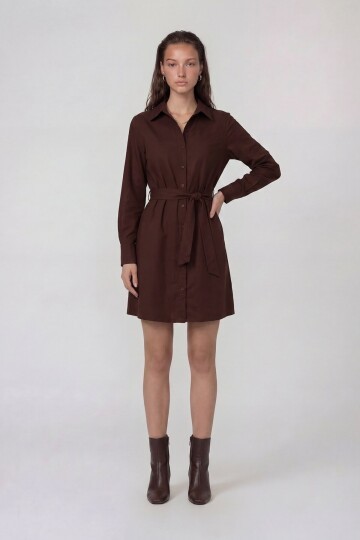 Uzun Kollu Gömlek Yaka Belden Bağlamalı Mini Elbise