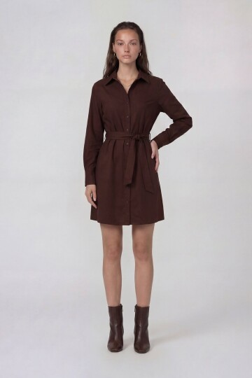 Uzun Kollu Gömlek Yaka Belden Bağlamalı Mini Elbise