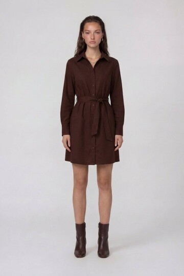 Uzun Kollu Gömlek Yaka Belden Bağlamalı Mini Elbise