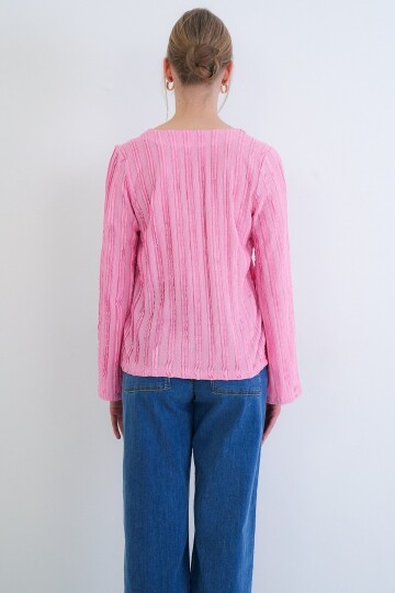 V Yaka Bağlama Detaylı Fırfır Kumaş Örme Bluz