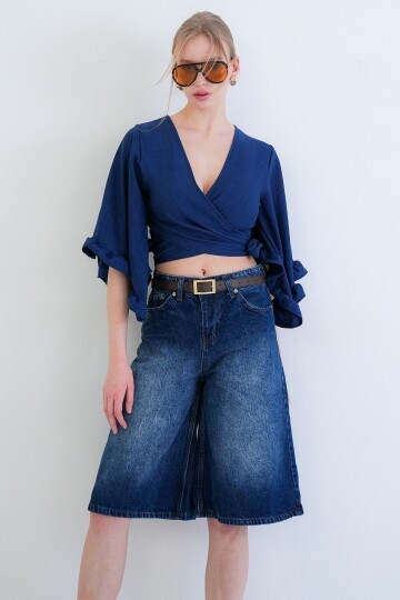 V Yaka Bağlama Detaylı Kolları Fırfırlı Sofia Keten Bluz