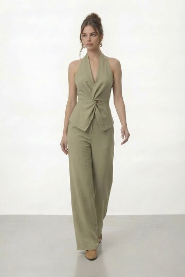 V Yaka Bel Detaylı Bluz Ve Pantolon Takım