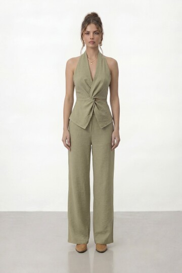 V Yaka Bel Detaylı Bluz Ve Pantolon Takım