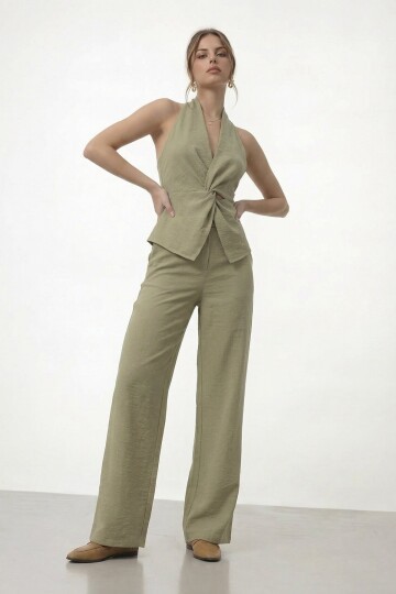 V Yaka Bel Detaylı Bluz Ve Pantolon Takım