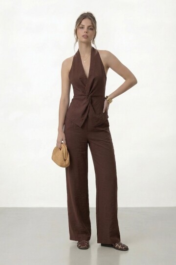 V Yaka Bel Detaylı Bluz Ve Pantolon Takım