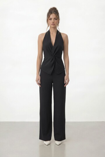 V Yaka Bel Detaylı Bluz Ve Pantolon Takım