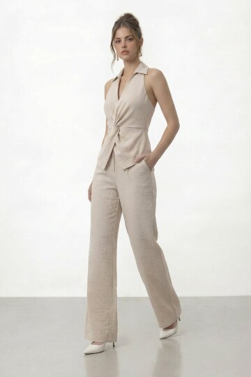 V Yaka Bel Detaylı Bluz Ve Pantolon Takım