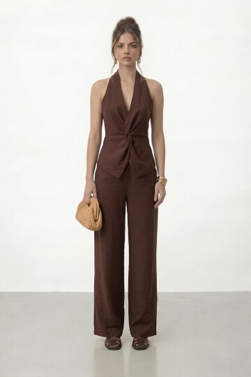 V Yaka Bel Detaylı Bluz Ve Pantolon Takım