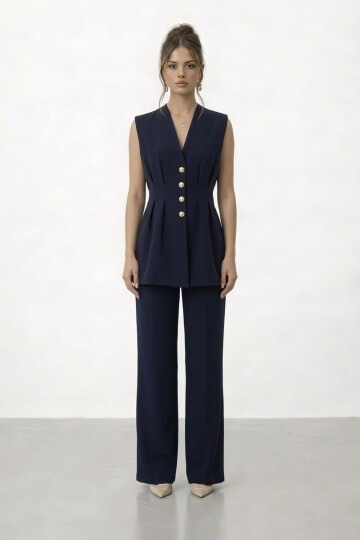 V Yaka Düğme Detaylı Kolsuz Takım