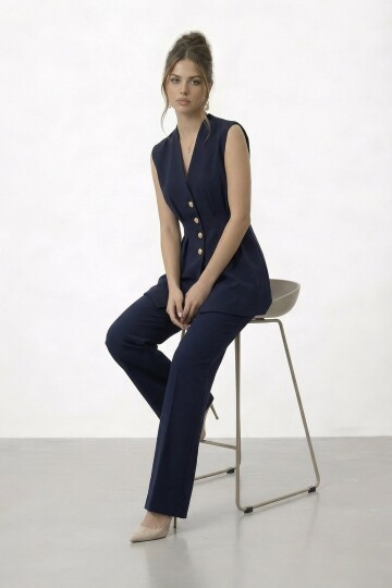 V Yaka Düğme Detaylı Kolsuz Takım