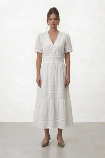 V Yaka Düğmeli Katlı Midi Elbise