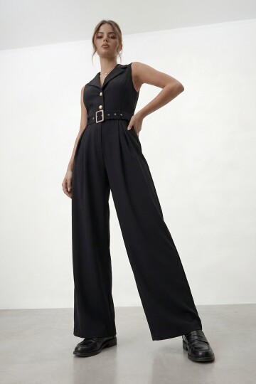 V  Yaka Düğmeli Kemerli Geniş Paça Tulum