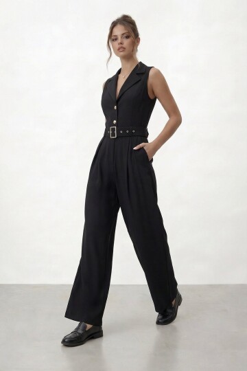 V  Yaka Düğmeli Kemerli Geniş Paça Tulum