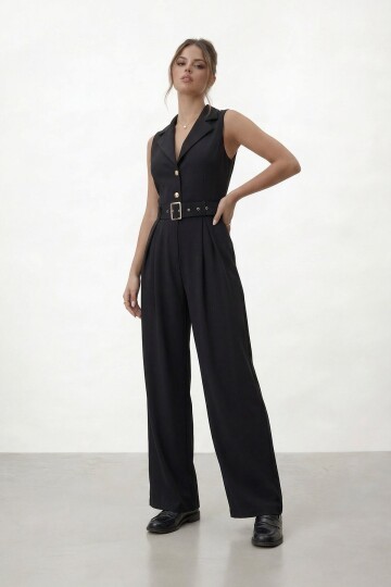 V  Yaka Düğmeli Kemerli Geniş Paça Tulum