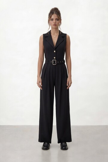 V  Yaka Düğmeli Kemerli Geniş Paça Tulum