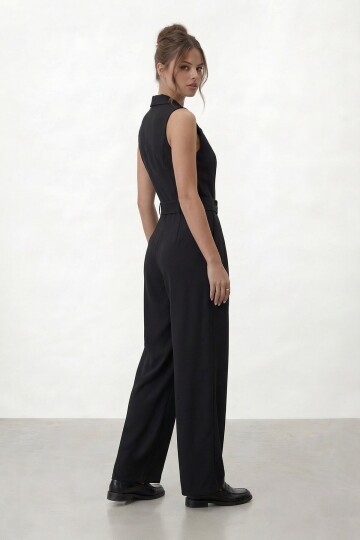 V  Yaka Düğmeli Kemerli Geniş Paça Tulum