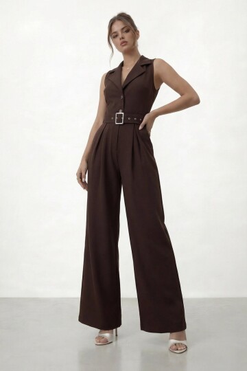 V  Yaka Düğmeli Kemerli Geniş Paça Tulum