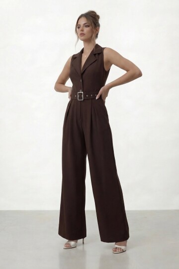 V  Yaka Düğmeli Kemerli Geniş Paça Tulum