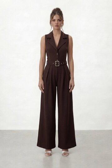 V  Yaka Düğmeli Kemerli Geniş Paça Tulum