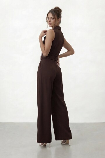 V  Yaka Düğmeli Kemerli Geniş Paça Tulum