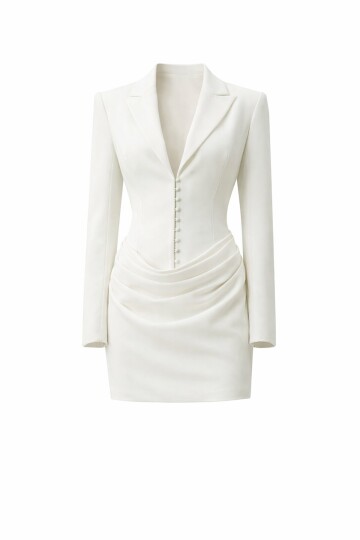 V Yaka Düğmeli Mini Elbise