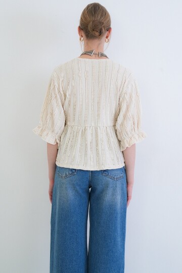 V Yaka Truvakar Kol Lastikli Fırfır Kumaş Bluz