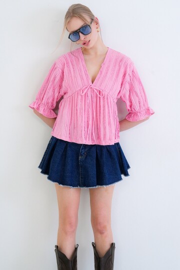 V Yaka Truvakar Kol Lastikli Fırfır Kumaş Bluz