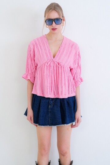 V Yaka Truvakar Kol Lastikli Fırfır Kumaş Bluz