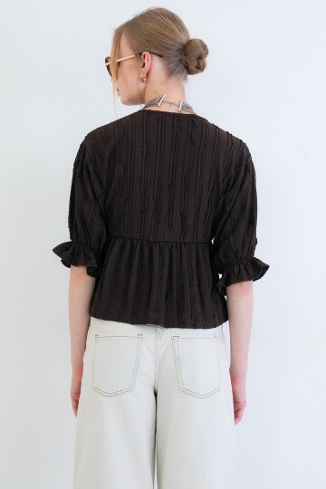 V Yaka Truvakar Kol Lastikli Fırfır Kumaş Bluz